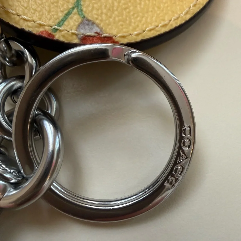 COACH Yellow Floral Leather Mirror Keyring with Silver Hardware - Picture 6 of 6